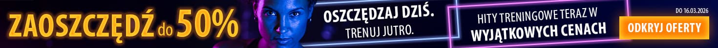 Baner reklamowy w neonowych kolorach na ciemnym tle. Na środku osoba trzymająca w ręce hantel. Po lewej i prawej stronie tekst: Oszczędzaj dziś. Trenuj jutro. Hity treningowe teraz w wyjątkowych cenach. Zaoszczędź do 50%. Mo. 16.03.2026. Odkryj oferty"