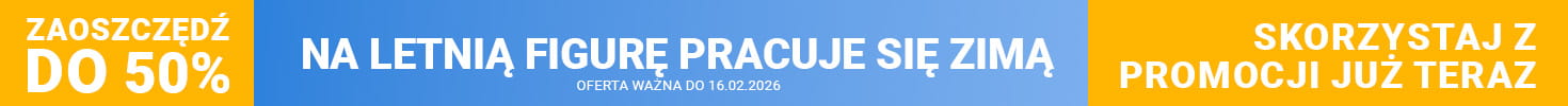 Banner reklamowy przedstawia po prawej stronie osobę w odzieży sportowej ćwiczącą na bieżni w przytulnym, domowym wnętrzu. Po lewej stronie, dużymi literami, widnieje hasło: Na letnią formę pracuje się zimą. Do 50% rabatu na topowe urządzenia fitness. Kupuj teraz. Oferta ważna do 16.02.2026.